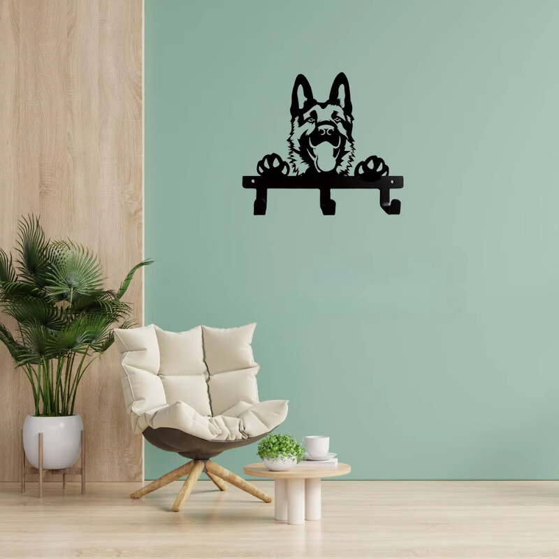 Vokiečių aviganio portretinis sieninis kabliukas Lengvai montuojamas juodo metalo raktų ir pavadėlio laikiklis su 3 kabliukais sodo ir namų tvarkymui