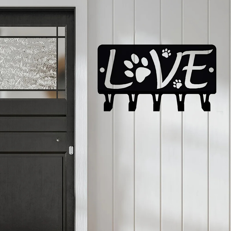 Raktų laikiklis sienelė 1vnt Love with Dog Paw #2 Raktų kabykla ir šunų pavadėlio laikiklis Metalinis sieninis piešinys Sieniniai kabliukai raktų pakabos kabliukai