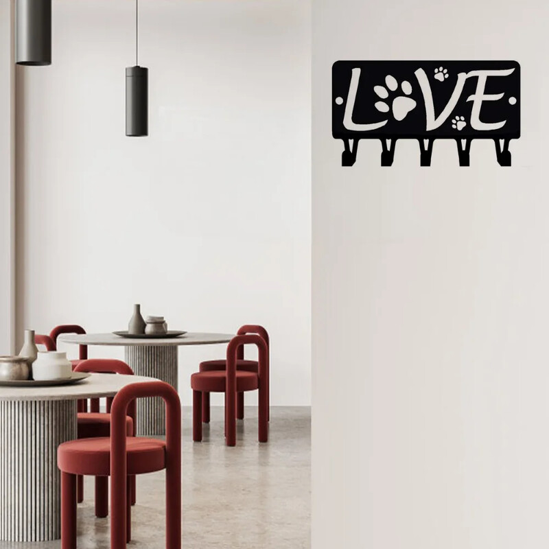 Raktų laikiklis sienelė 1vnt Love with Dog Paw #2 Raktų kabykla ir šunų pavadėlio laikiklis Metalinis sieninis piešinys Sieniniai kabliukai raktų pakabos kabliukai
