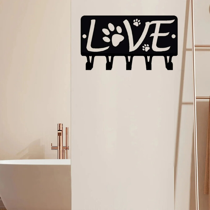 Raktų laikiklis sienelė 1vnt Love with Dog Paw #2 Raktų kabykla ir šunų pavadėlio laikiklis Metalinis sieninis piešinys Sieniniai kabliukai raktų pakabos kabliukai