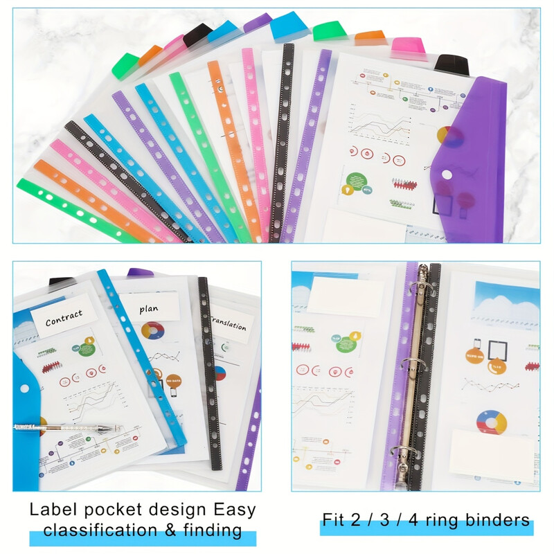 6 kom prozirnih plastičnih vrećica za dokumente - prikladno za 2/3/4 prstenaste vrećice za dokumente, uredske vrećice za dokumente, šest boja/set (otvorene vodoravno)