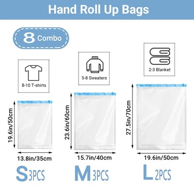 8 Συσκευασίες Roll Up Compression Bags επαναχρησιμοποιούμενες τσάντες αποθήκευσης κενού για Travel Organizer Εξοικονόμηση χώρου στη βαλίτσα Δεν απαιτείται αντλία