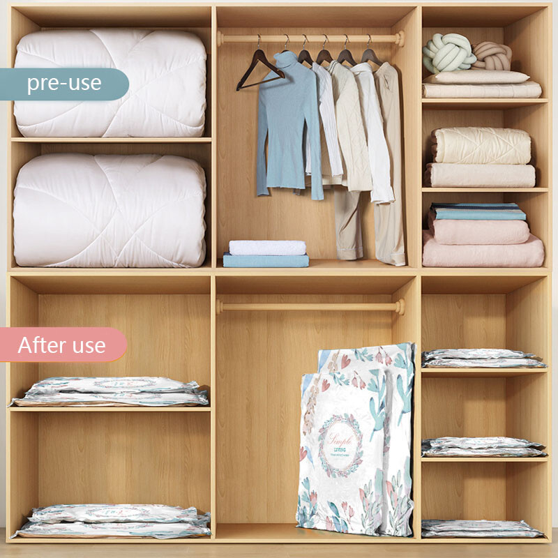 1 gab vakuuma kompresijas maisiņš, čemodānu uzglabāšanas soma, dūnu jaka un segas saraušanās maisiņš, drēbju skapja apģērbu organizatora soma