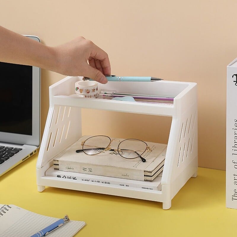 Dvoslojni stolni stalak za pohranu, plastična polica za pohranu velikog kapaciteta, višenamjenski držač za pisaći pribor