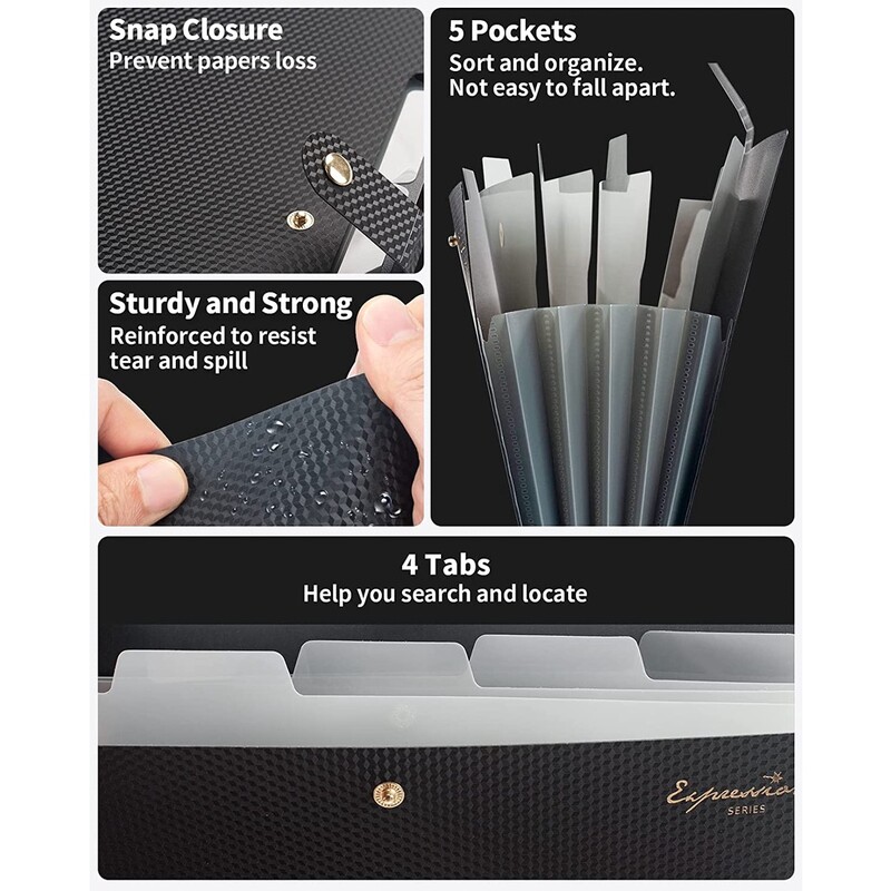 Dosar extensibil pentru fișiere, 5 dosare de buzunar pentru documente, organizator portabil de hârtie pentru rechizite de birou școlare, dimensiune A4