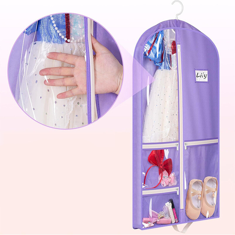 Deju apģērbu soma ar rāvējslēdzēju kabatām Deju tērpu konkursa somas Piekarināmas purpursarkanas kleitas pārvalks Garderobes ceļojumu glabāšanas somas