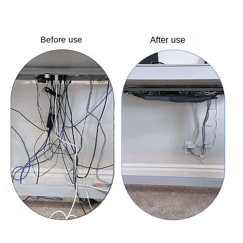 Buzunar de rețea cu prize cu 8 găuri, plasă de gestionare a cablurilor de sub birou, organizator de plasă de gestionare a cablurilor de sub masă, ascunzători flexibili de sârmă
