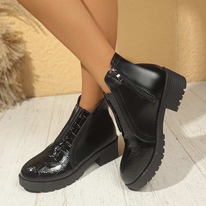 Comerț exterior european și american toamnă și iarnă noi cizme Martin strălucitoare talpă groasă toc gros fermoar lateral dimensiune mare cizme de modă confortabile și versatile pentru femei