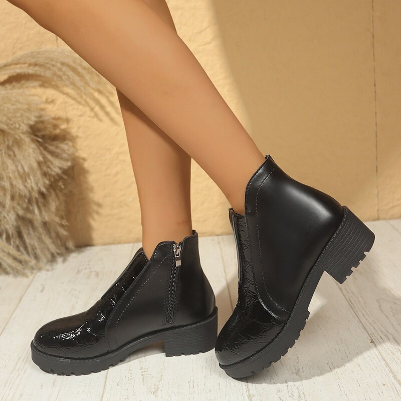 Comerț exterior european și american toamnă și iarnă noi cizme Martin strălucitoare talpă groasă toc gros fermoar lateral dimensiune mare cizme de modă confortabile și versatile pentru femei