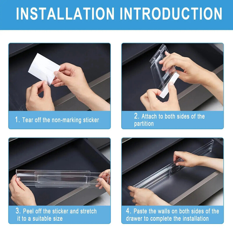 Stalčių pertvaros Tvarkyklės 1 pakuotė Reguliuojamas 8 cm Aukštis Išplečiamas nuo 27,7-52,5 cm Virtuvės stalčių pertvaros skaidraus plastiko
