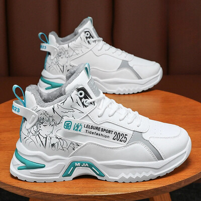 Мъжки памучни обувки с дебела подметка Зимни топли кадифени обувки за ходене Танкетки Ежедневни маратонки Обувки с анимационни графити Удебелени ботуши за сняг