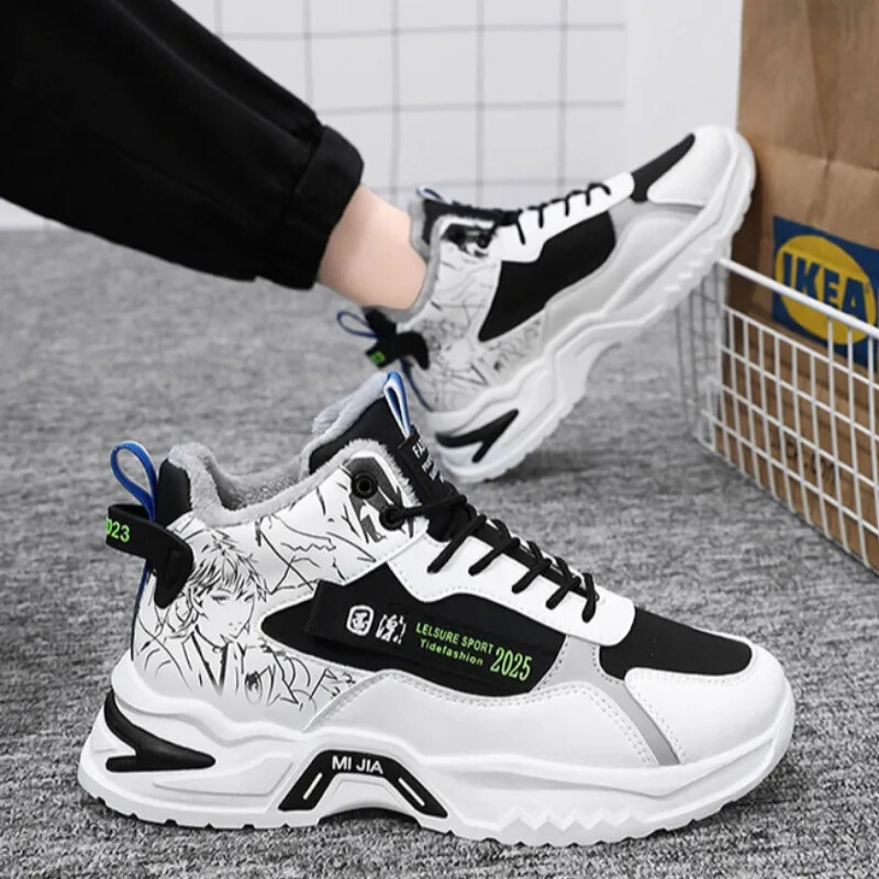 Мъжки памучни обувки с дебела подметка Зимни топли кадифени обувки за ходене Танкетки Ежедневни маратонки Обувки с анимационни графити Удебелени ботуши за сняг