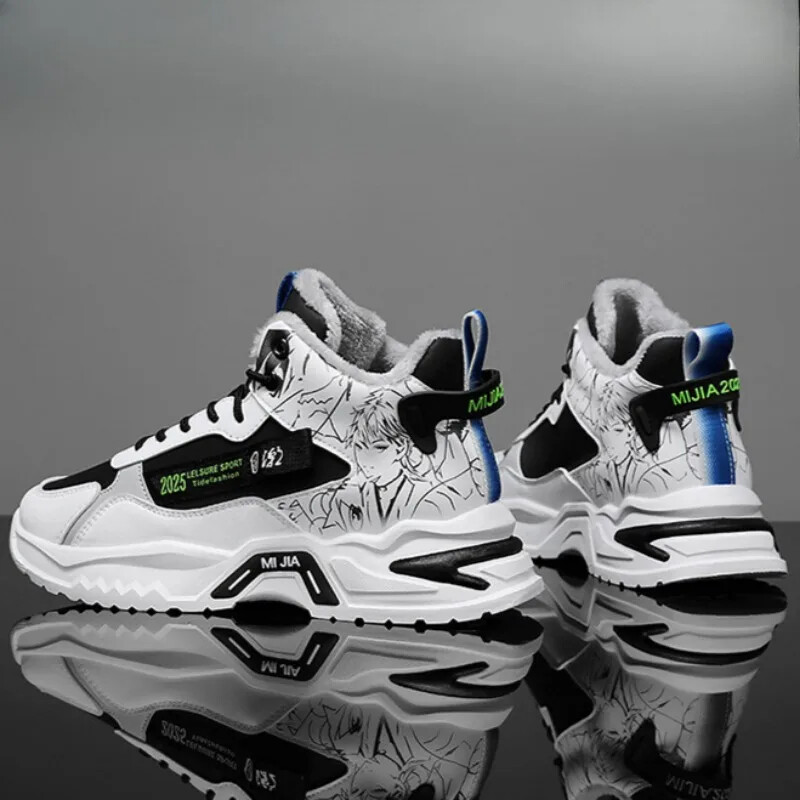 Мъжки памучни обувки с дебела подметка Зимни топли кадифени обувки за ходене Танкетки Ежедневни маратонки Обувки с анимационни графити Удебелени ботуши за сняг