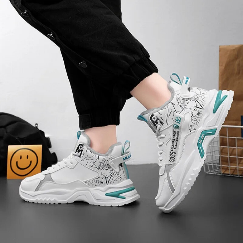 Мъжки памучни обувки с дебела подметка Зимни топли кадифени обувки за ходене Танкетки Ежедневни маратонки Обувки с анимационни графити Удебелени ботуши за сняг