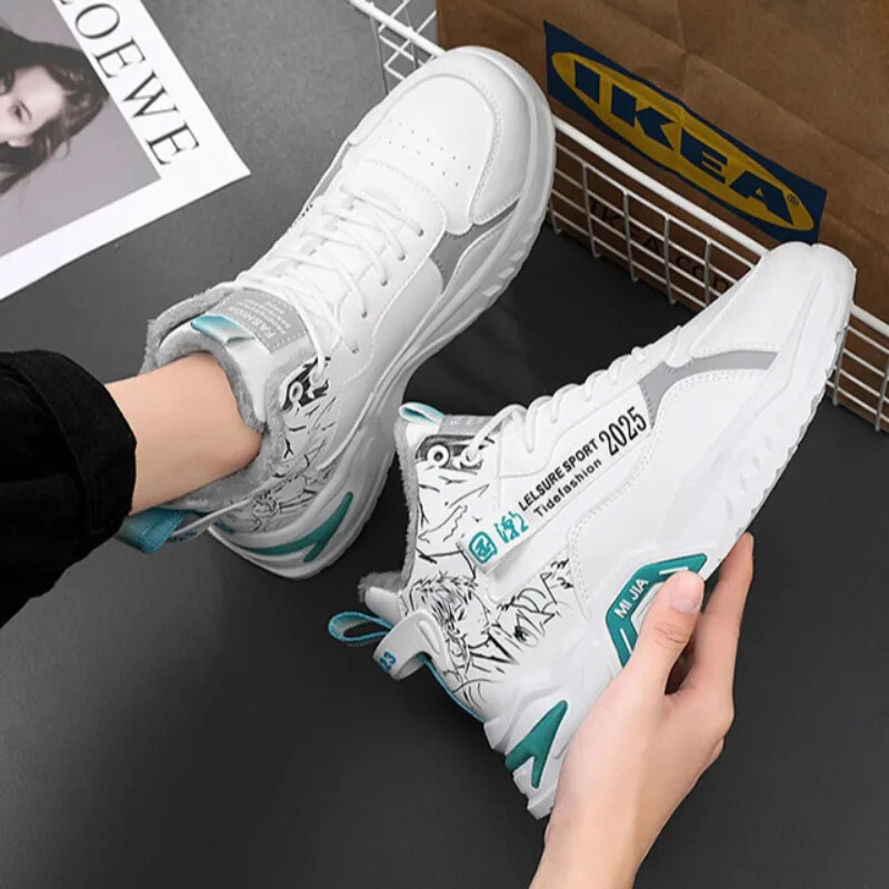 Мъжки памучни обувки с дебела подметка Зимни топли кадифени обувки за ходене Танкетки Ежедневни маратонки Обувки с анимационни графити Удебелени ботуши за сняг