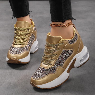 Ženska svjetlucava sportska obuća za povećanje visine blokirana bojom je prozračna, udobna, koja apsorbira udarce i ležerna sportska obuća