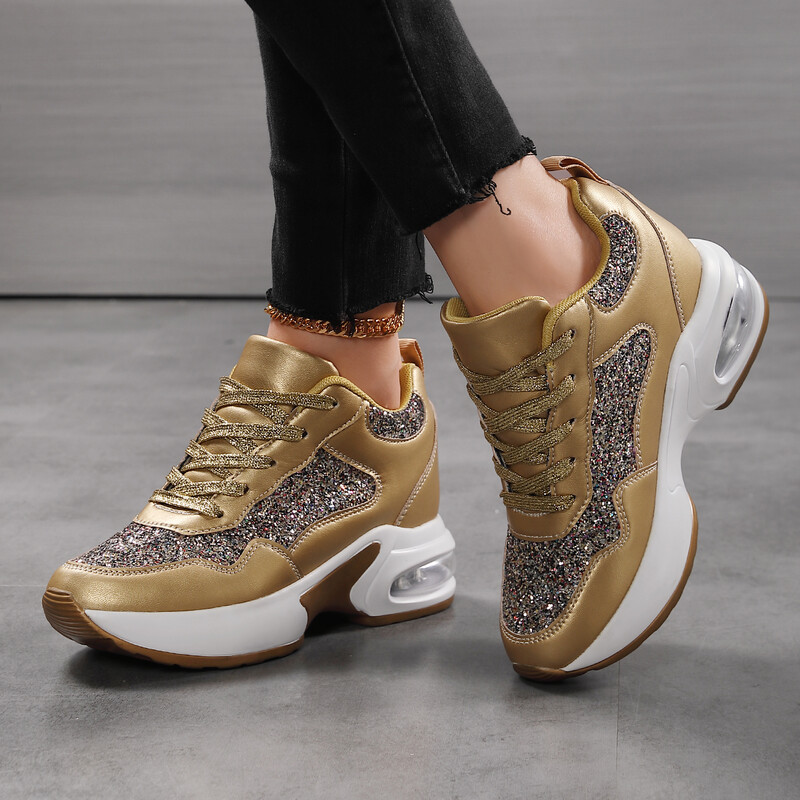 Ženska svjetlucava sportska obuća za povećanje visine blokirana bojom je prozračna, udobna, koja apsorbira udarce i ležerna sportska obuća