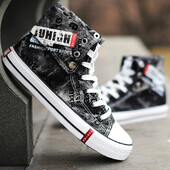 Noi pantofi vulcanizati pentru bărbați, pantofi de pânză înalți, cu șireturi, pantofi de stradă, hip hop, pentru bărbați, cu imprimeu, pantofi din denim tenis masculino