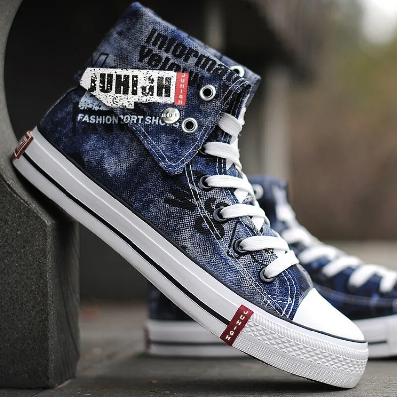 Noi pantofi vulcanizati pentru bărbați, pantofi de pânză înalți, cu șireturi, pantofi de stradă, hip hop, pentru bărbați, cu imprimeu, pantofi din denim tenis masculino