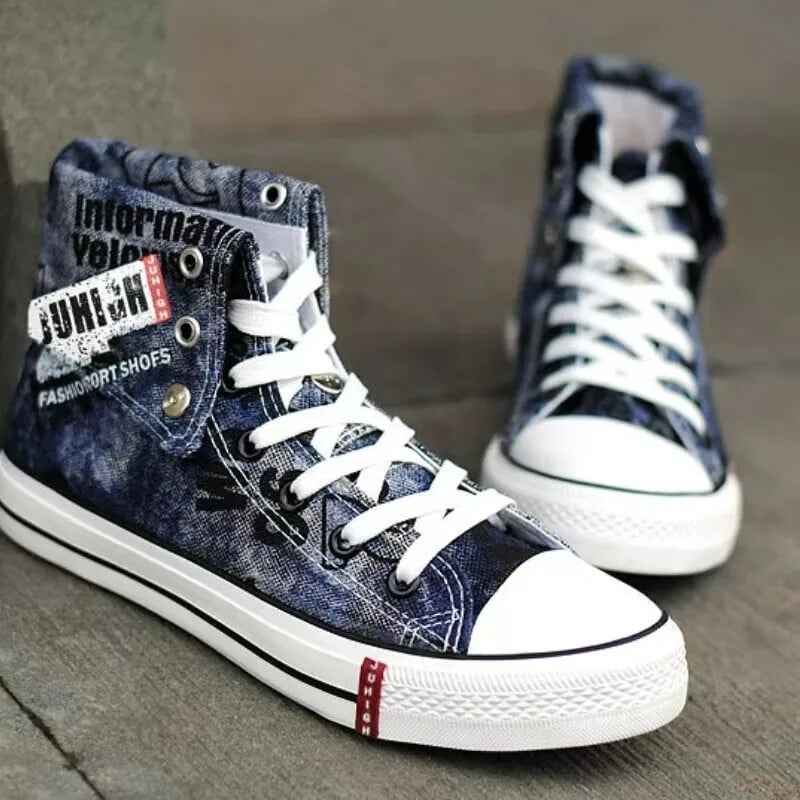 Noi pantofi vulcanizati pentru bărbați, pantofi de pânză înalți, cu șireturi, pantofi de stradă, hip hop, pentru bărbați, cu imprimeu, pantofi din denim tenis masculino