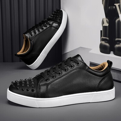 Pantofi ocazional bărbați de designer cu nituri punk pantofi din piele la modă pânză respirabil înălțime mărită platformă plată pantofi albi