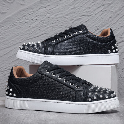 Pantofi ocazional bărbați de designer cu nituri punk pantofi din piele la modă pânză respirabil înălțime mărită platformă plată pantofi albi