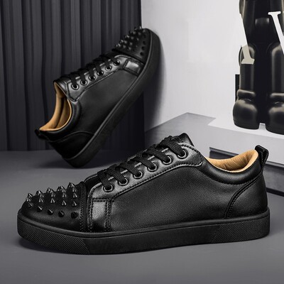 Pantofi ocazional bărbați de designer cu nituri punk pantofi din piele la modă pânză respirabil înălțime mărită platformă plată pantofi albi