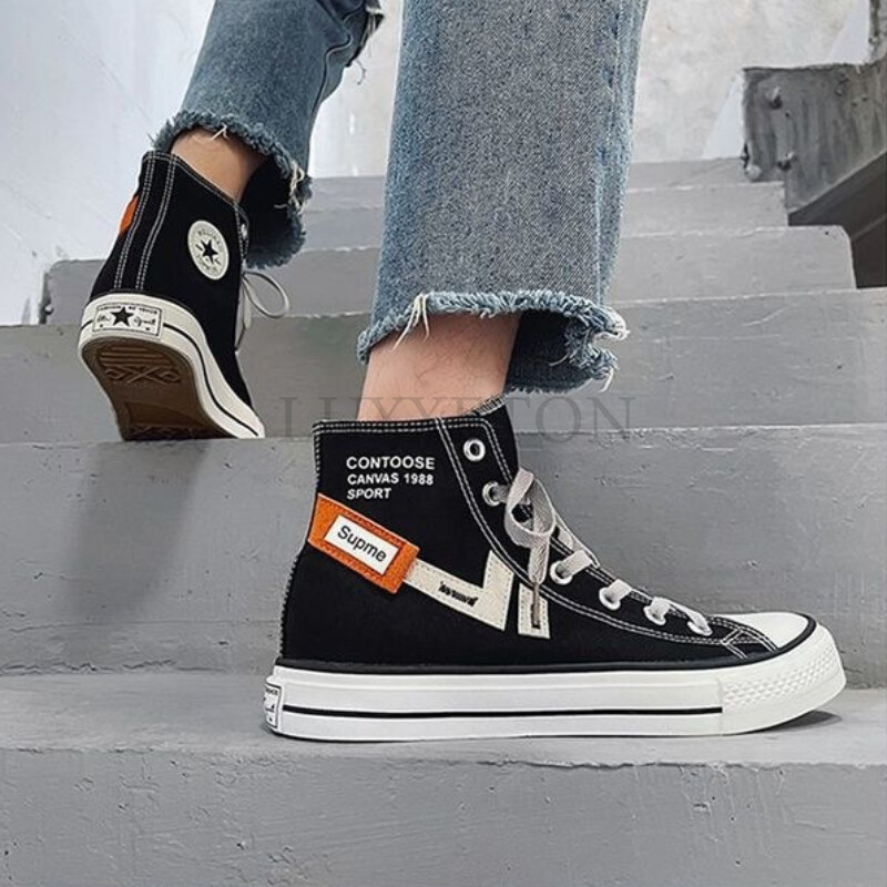 Лятна мода Нови мъжки платнени обувки Високи платнени обувки с връзки Ежедневни маратонки Мъжки плоски обувки с кръгли пръсти и кръстосани връзки