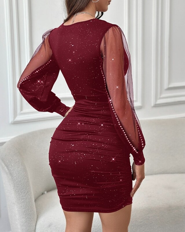 Sieviešu ballīšu kleita 2024. gada pavasara un vasaras seksīga, caurspīdīga tīklveida plāksteris, mirdzoša bodikona minikleita ar garām piedurknēm, šauri, īsi svārki