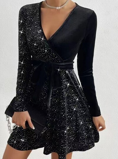 Femei 2023 de vânzare fierbinte rochie temperament slabă, sexy, elegantă, fustă scurtă de petrecere, cu decolteu în V, îmbrăcăminte de toamnă cu paiete neregulate.