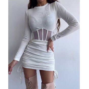 Shiringing Mesh Hollow Out Bodycon Φόρεμα Γυναικείο με μακρυμάνικο λαιμό Mini Vestidos με ραβδώσεις καυτά σέξι φορέματα μόδας ρούχα υψηλής οδού