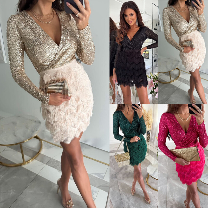 Elegantna klupska mini haljina sa šljokicama u više boja s resicama, široke ženske seksi tunike s V izrezom, kratke haljine Abendkleider