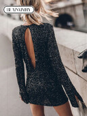 Modna srebrna sjajna kratka haljina za žene Vintage O izrez dugih rukava sa šljokicama Party haljine 2024. Nova jesen-zima Jednobojni vestido