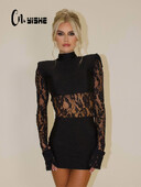 CNYISHE Ženske haljine s visokim ovratnikom od patchwork čipke na bokovima, seksi klupske modne haljine s dugim rukavima, prozirne ženske haljine