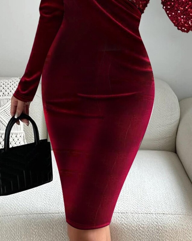 Rochie de petrecere de lux pentru femei 2024 de vară cu paiete contrastante din catifea mozaic cu mânecă lungă, guler asimetric, rochie de seară elegantă