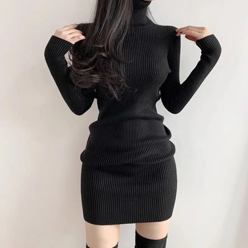 Fanan 2024 noi rochii pulover cu guler roșu pentru damă, sexy, subțire, îmbrăcăminte de stradă, mini rochie, bodycon, pentru femei, groasă, de bază, rochie de fund pentru femei
