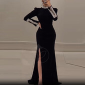 Rochie de petrecere elegantă, solidă, cu fantă înaltă, temperament, cu mânecă lungă, subțire, rochie de gală de seară, cu gât roșu, cu strasuri, rochii de banchet