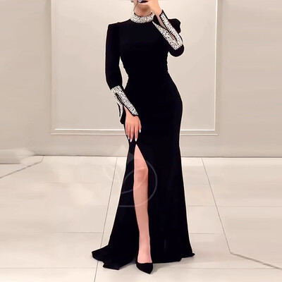 Rochie de petrecere elegantă, solidă, cu fantă înaltă, temperament, cu mânecă lungă, subțire, rochie de gală de seară, cu gât roșu, cu strasuri, rochii de banchet