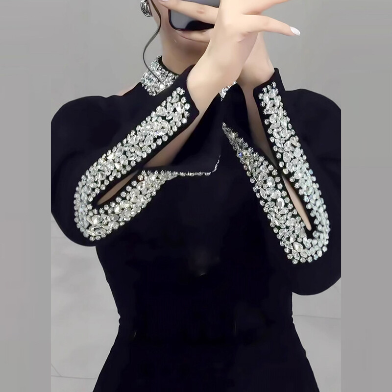 Rochie de petrecere elegantă, solidă, cu fantă înaltă, temperament, cu mânecă lungă, subțire, rochie de gală de seară, cu gât roșu, cu strasuri, rochii de banchet