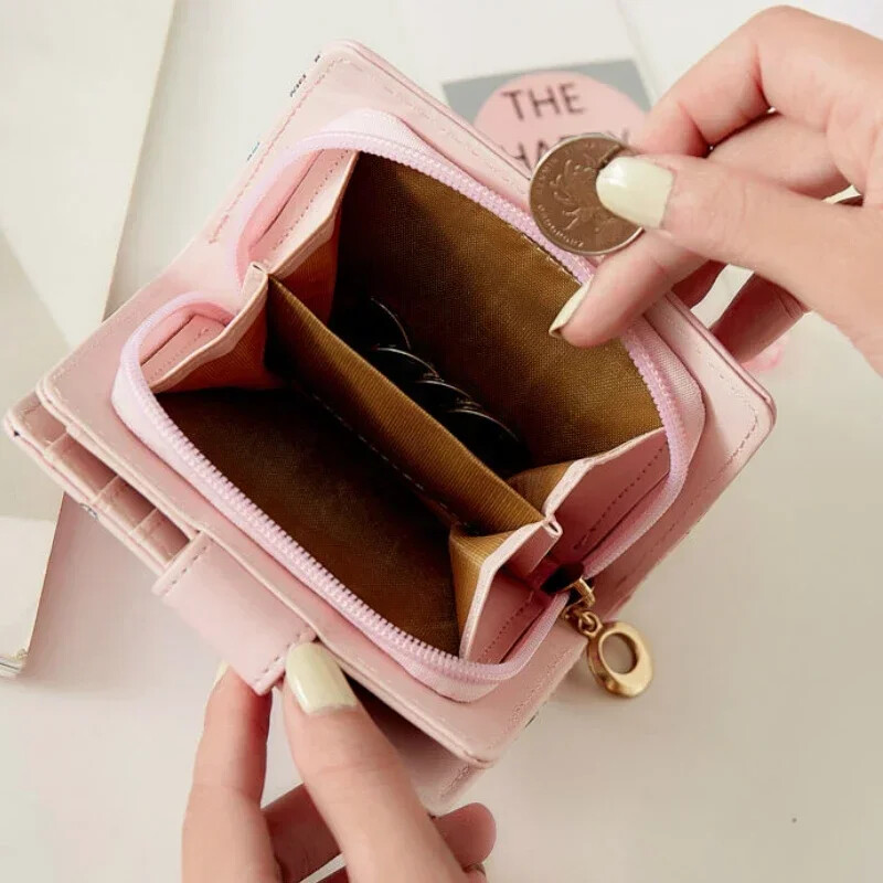 Mini portofele scurte cu desene animate pentru femei, monede pentru studenți, fermoar, piele PU, portofele coreene pliabile, portabile, simple, kawaii, pentru femei