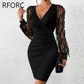 2023 femei șic cu decolteu în V paiete ciucuri mâneci lungi drepte de toamnă tricotat rochie slabă