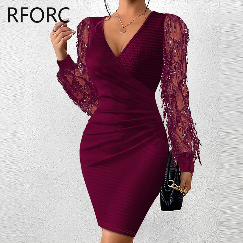 2023 femei șic cu decolteu în V paiete ciucuri mâneci lungi drepte de toamnă tricotat rochie slabă