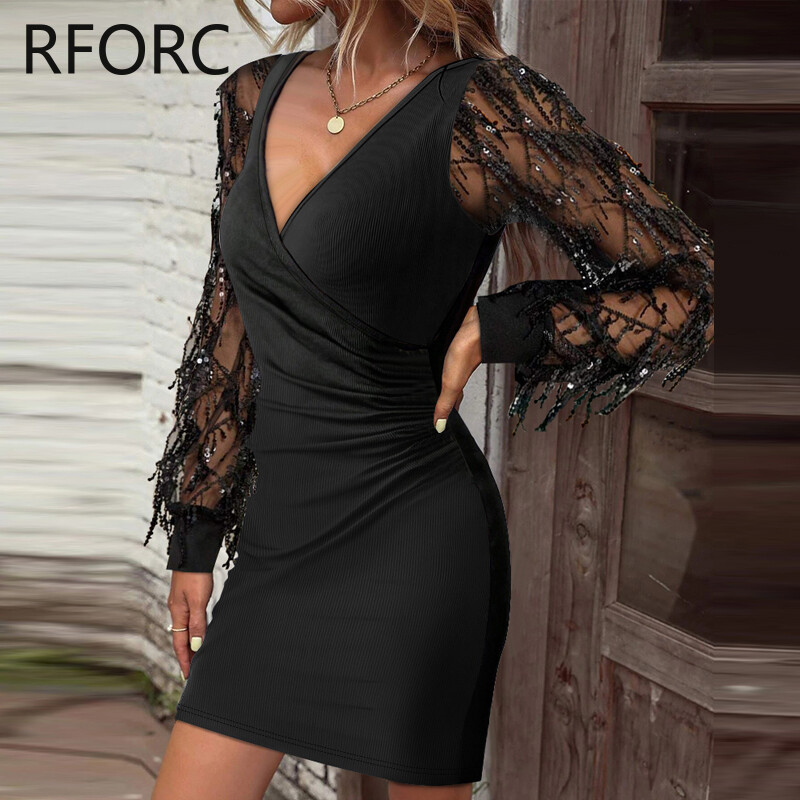 2023 femei șic cu decolteu în V paiete ciucuri mâneci lungi drepte de toamnă tricotat rochie slabă