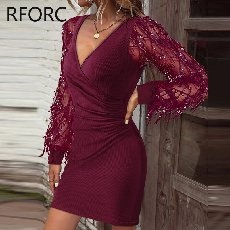 2023 femei șic cu decolteu în V paiete ciucuri mâneci lungi drepte de toamnă tricotat rochie slabă