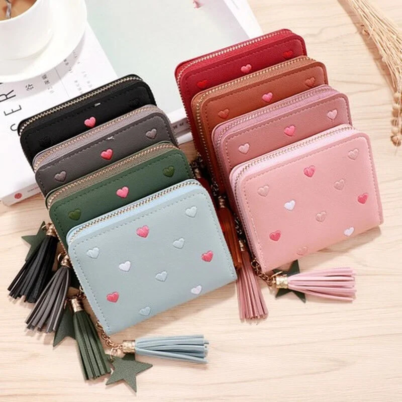 Portofel pentru femei cu ciucuri de dragoste Mini portofel scurt pentru femeie drăguță, cu fermoar, din piele PU, portofel de mână pentru femei