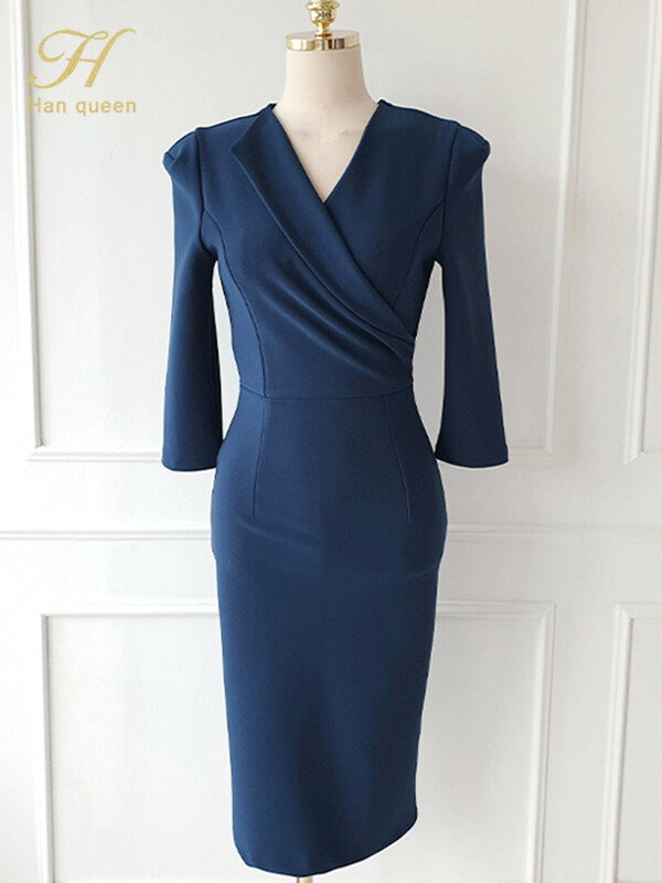 H Han Queen Ljetna elegantna modna uska vintage pencil haljina s V-izrezom, ženske uredske haljine jednostavnog kroja, ležerne haljine za zabavu