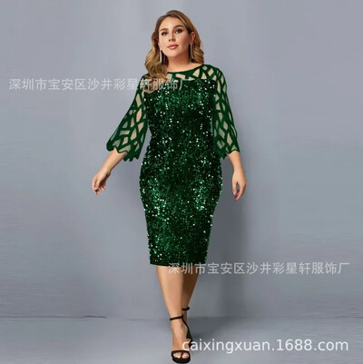 2024. Večernja haljina velike veličine Ženske srednje veličine sa šljokicama Mreža dugih rukava Čipka Elegantni kroj XL-4XL 5XL Večernje haljine Žensko ljeto 2023.