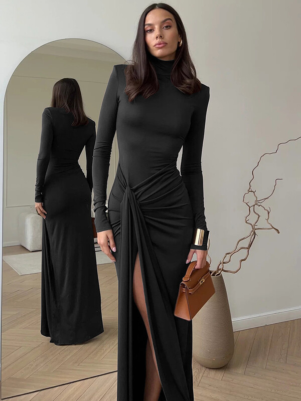 Rochie maxi sexy Mozision cu gât rotic pe coapsă, pentru femei, la modă, cu mâneci lungi, bandaj drapat, bodycon, rochie lungă de club