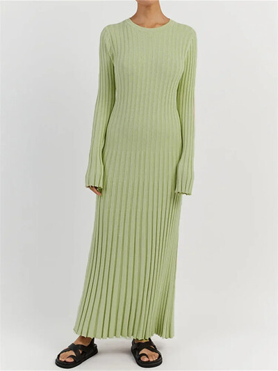 Tossy pitsiga naiste kootud maksikleit Sügisene kõrge vöökohaga moodne lapiline pikkade varrukatega kleit, sidemega trikotaažkleit