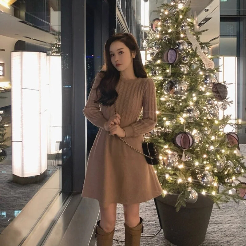 French VintageknitInnerDress Rochie lungă de pulover Toamnă/Iarnă La modă Spicy Girl Style Fairy Îmbrăcăminte pentru femei